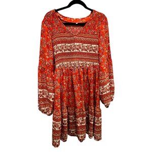 🍒 2/$20 🍒 Red Boho Flowy Long Sleeve Dress with V-Neck sz L